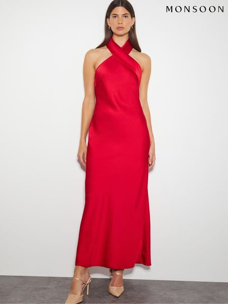 Monsoon Red Jodie Halter Satin Maxi Dress (AL8608) | € 86