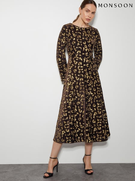 Monsoon Brown Arwen Sequin Leopard Velvet Midi Dress (AL8638) | € 120