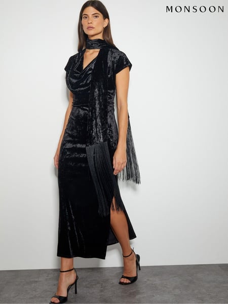 Monsoon Black Cece Crushed Velvet Cowl Midi Dress (AL8639) | € 70