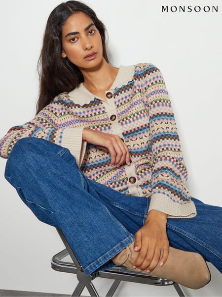 Monsoon Natural Fawn Fairisle Pattern Collar Cardigan (AL8648) | € 75
