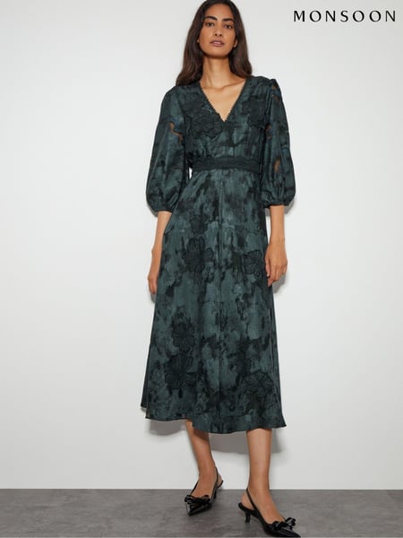 Monsoon Green Joanna Floral Lace Midi Tea Dress (AL8659) | € 179