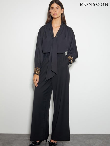 Monsoon Black Ann Pussybow Embellished Blouse (AL9072) | € 54