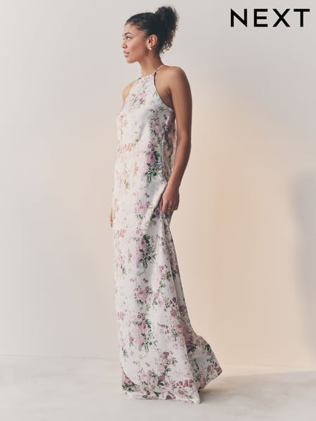 Weiß/Pink/Blumenmuster - High Neck Satin Maxi Dress (AL9589) | 99 €