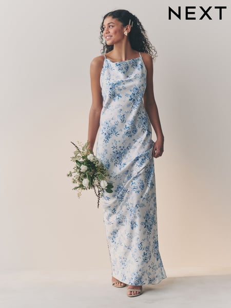 White/Blue Floral Bridesmaid Satin Cowl Neck V-Back Maxi Dress (AL9591) | € 109