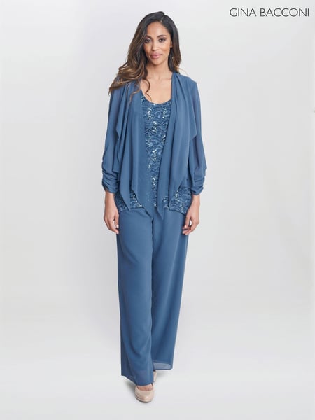 Gina Bacconi Blue Julia Trousers Suit 3 Piece With Lace Top Jacket And Trousers (AL9630) | € 406