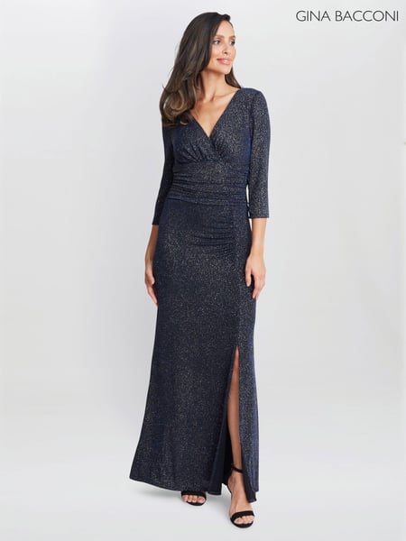 Gina Bacconi Blue Eugenie Metallic Maxi Dress With Ruched Waist And Front Slit (AL9632) | € 421