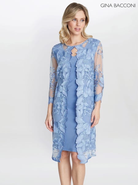 Gina Bacconi Blue Savoy Embroidered Lace Mock Jacket With Jersey Dress (AL9645) | € 233
