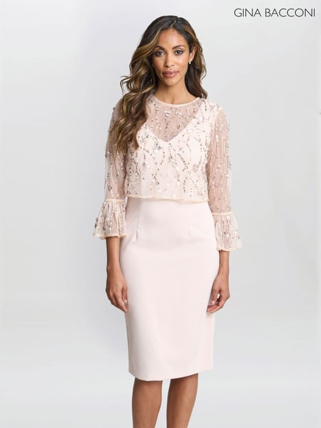 Gina Bacconi Pink Pippa Beaded Jacket With Fluted 3/4 Sleeve And Crepe Shift Dress (AL9658) | € 437