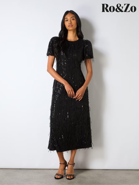 Ro&Zo Black Gina Fringe Sequin Puff Sleeve Midi Dress (AM0097) | € 124