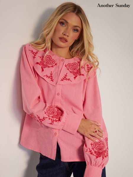 Another Sunday Pink Button Through Oversized Collared 100% Cotton Blouse with Contrast Embroidery (AM0207) | € 59