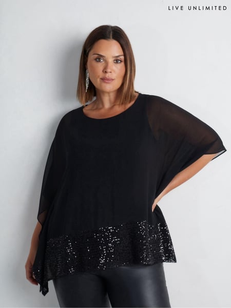 Live Unlimited Black Curve Chiffon Sequin Trim Overlayer Top (AM1786) | € 50