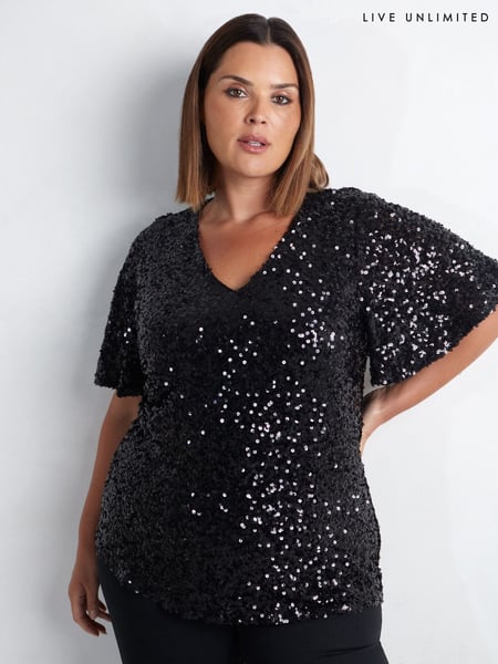 Live Unlimited Black Curve Sequin Flutter Sleeve Top (AM1788) | € 108
