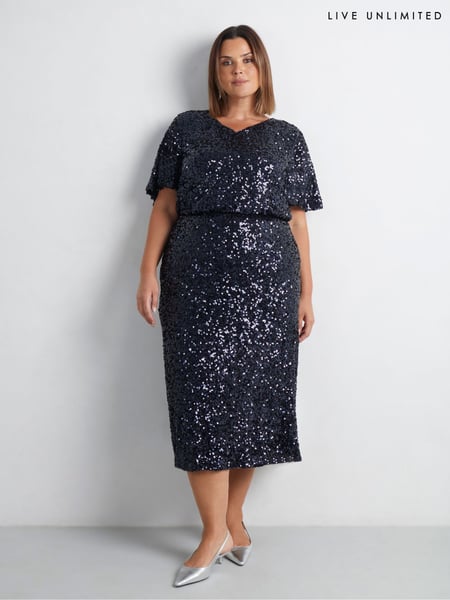 Live Unlimited Blue Curve Sequin Flutter Sleeve Top (AM1804) | € 54