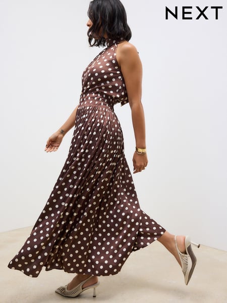 Brown Glossy Satin Polka Dot Maxi Skirt (AM2192) | € 73