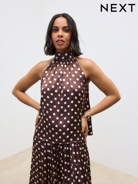 Brown Glossy Satin Polka Dot Halter Top (AM2198) | € 47