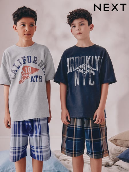 Navy/ Grey Varsity Check Woven Short Pyjamas 2 Pack (4-16yrs) (AM2782) | € 31 - € 41