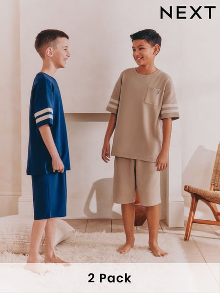 Stone/ Navy Blue 100% Cotton Short Pyjamas 2 Pack (3-16yrs) (AM2785) | € 31 - € 40