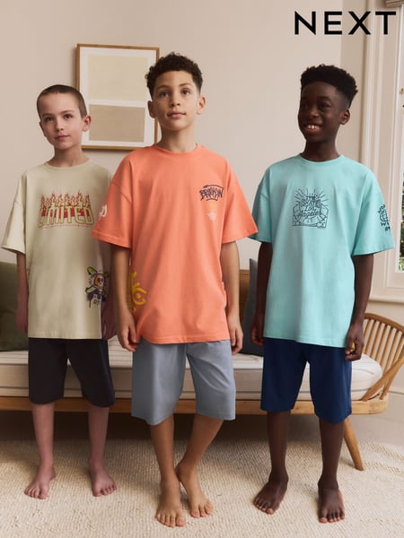 Blue/Pink Skate & Skulls Oversized 100% Cotton Short Pyjamas 3 Pack (5-16yrs) (AM2792) | € 40 - € 50