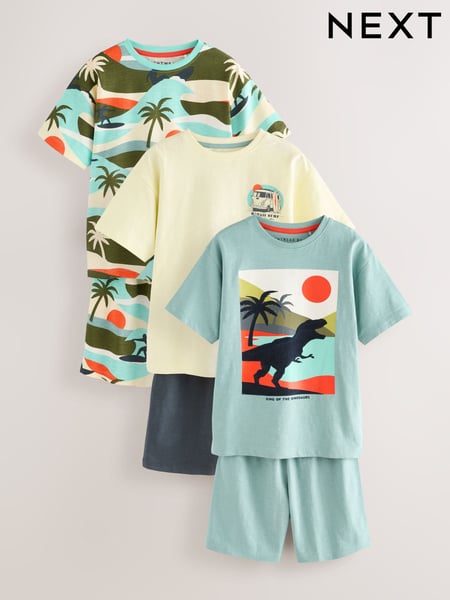 Turq/Cream Dino Surf 100% Cotton Short Pyjamas 3 Pack (3-14yrs) (AM2797) | € 35 - € 45