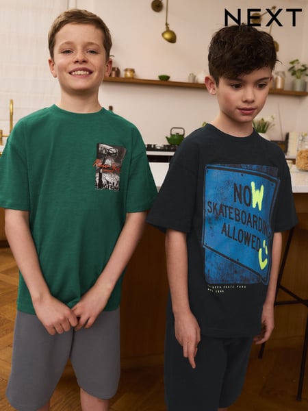 Black/Green Relaxed 100% Cotton Shorts Pyjamas 2 Pack (4-16yrs) (AM2802) | € 30 - € 38