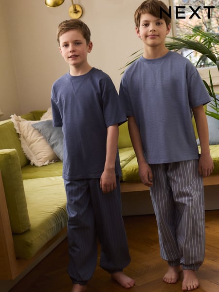 Blue/Grey 100% Cotton Short Sleeve Long Bottoms 2 Pack (3-16yrs) (AM2813) | € 34 - € 44