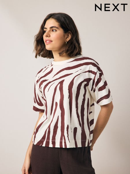 Zebra-Print, Weiß/Braun - Short Sleeve Crew Neck 100% Cotton T-Shirt (AM2942) | 17 €
