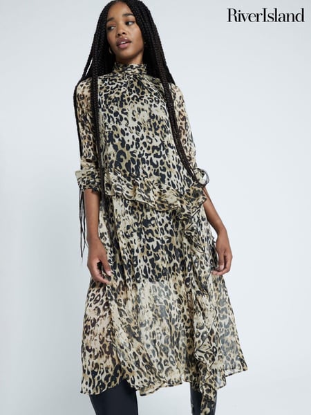 River Island Brown Animal Print High Neck Frill Midi Dress (AM3012) | € 87