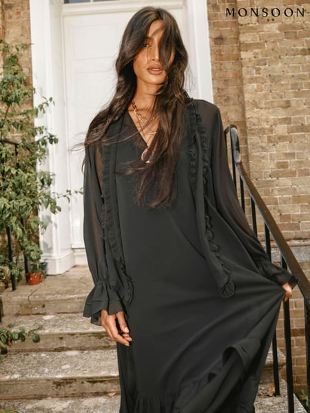 Monsoon Black Aurelia Long Sleeve Ruffle Midi Dress (AM3427) | € 77
