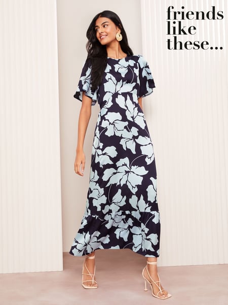 Friends Like These Navy Blue Floral Satin Angel Sleeve Empire Midi Dress (AM3954) | € 76