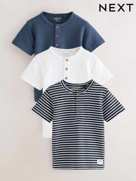 Blue/Navy Short Sleeve Textured Henley T-Shirts 3 Pack (3mths-7yrs) (AM3987) | € 26 - € 31
