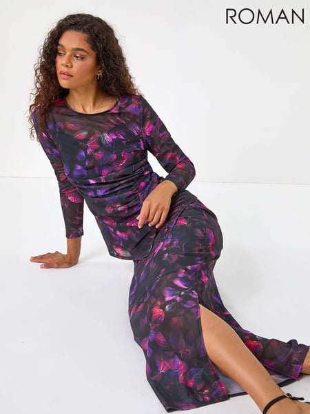 Roman Pink Printed Ruched Mesh Pencil Skirt (AM4521) | € 59