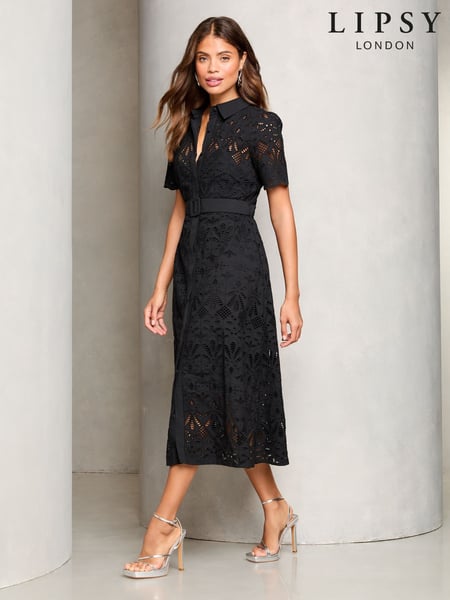 Lipsy Black Premium Broderie Lace Belted 100% Cotton Shirt Midi Dress (AM5708) | € 242
