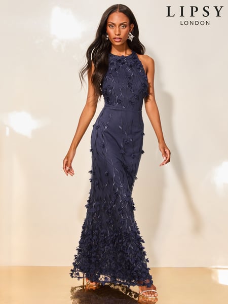 Lipsy Navy Premium Floral 3D Textured Halter Maxi Dress (AM5719) | € 250