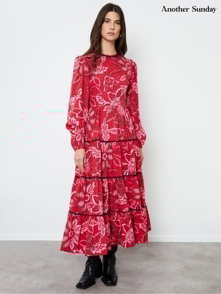 Another Sunday Red Floral Print Poplin Long Puff Sleeve Tiered Smock 100% Cotton Midi Dress (AM6011) | € 43