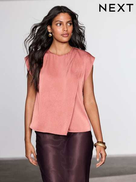 Rose Gold Short Sleeve Crinkle Satin Asymmetric Top (AM7807) | € 42