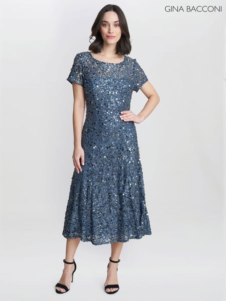 Gina Bacconi Grey Andrea A-Line Dress With Illusion Neckline (AM7975) | € 210