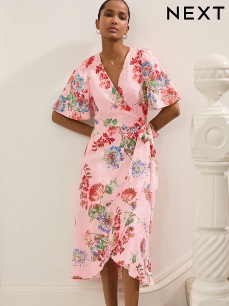 Pastel Pink Floral Print Flutter Sleeve Wrap Midi Dress (AM8510) | € 54
