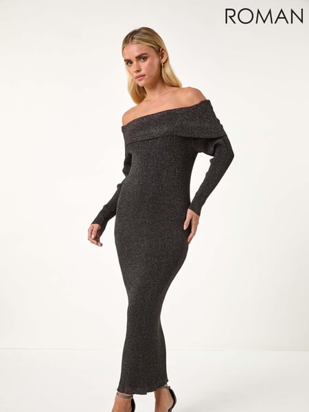Roman Black Petite Metallic Knit Bardot Midi Dress (AM8592) | € 94