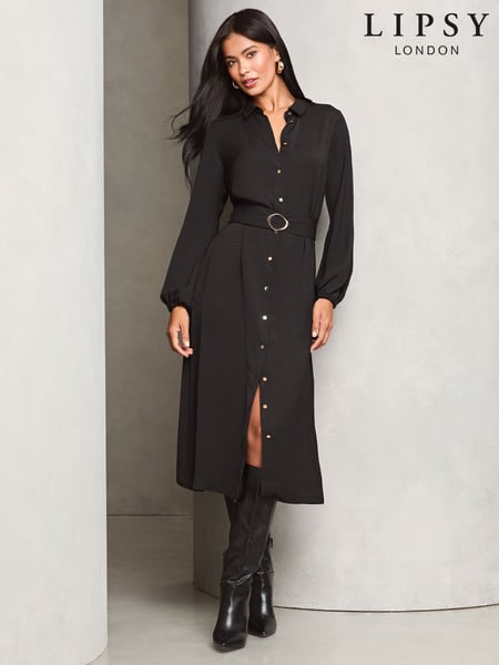 Lipsy Black Petite Midi Long Sleeve Button Through Shirt Dress (AM8825) | € 75