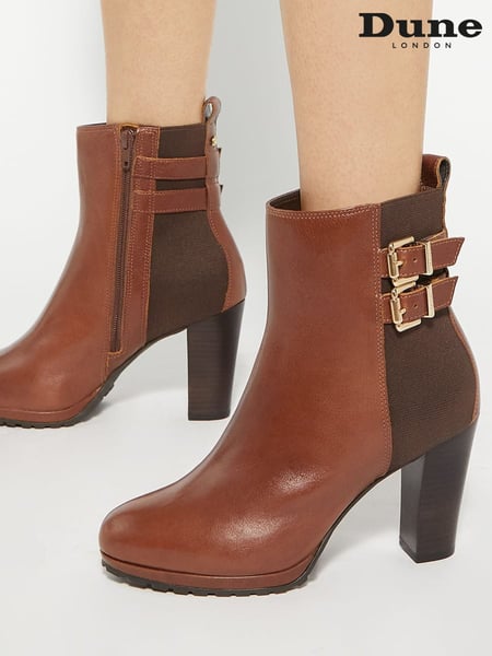 Dune London Brown Oreanix Double Buckle Block Heel Boots (AM8963) | € 117