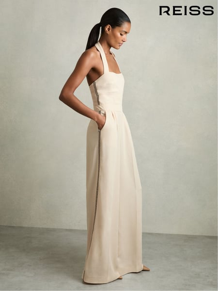 Reiss Cream Viola Embroidery Halterneck Wide-Leg Jumpsuit (AM9071) | € 421