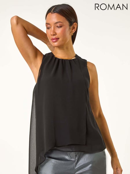 Roman Black Neck Trim Asymmetric Woven Top (AM9644) | € 55