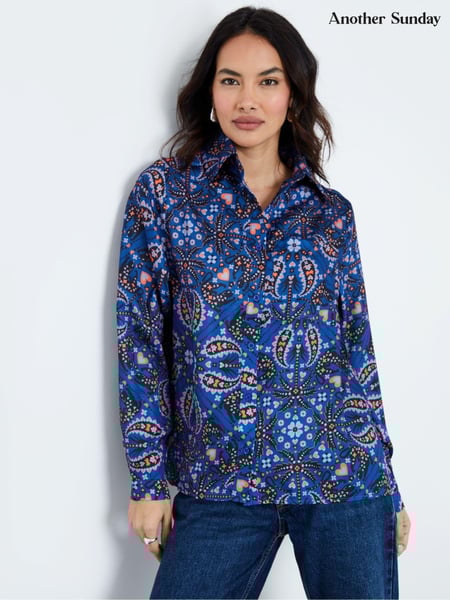 Another Sunday Blue Cobalt Oversized Animal Paisley Print Satin Shirt (AM9659) | € 24