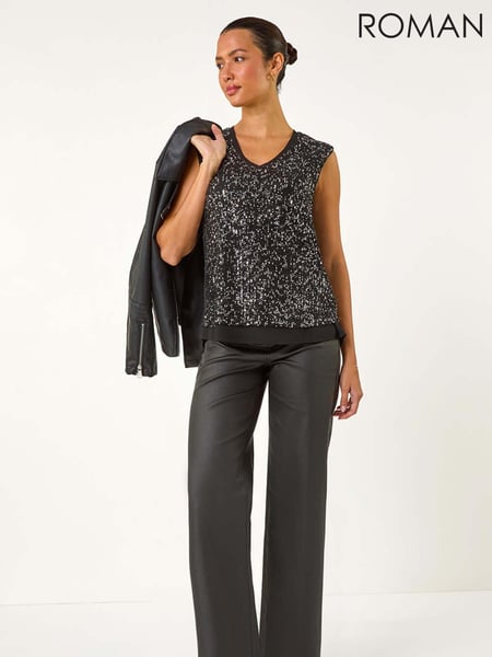Roman Black Sequin V-Neck Tunic Stretch Top (AM9816) | € 70