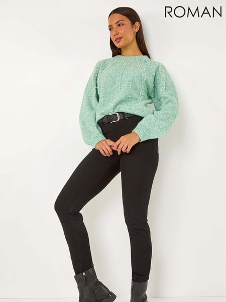 Roman Light Blue Pearl Embellished Cable Knit Jumper (AM9828) | € 66