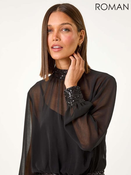 Roman Black High Neck Chiffon Sequin Stretch Top (AM9955) | € 62