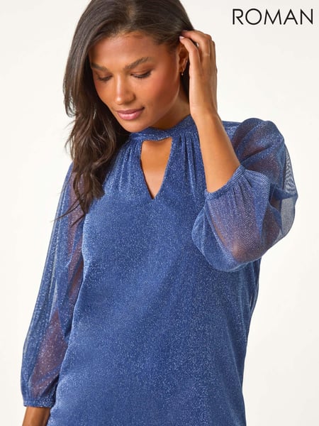 Roman Blue Twist Neck Glitter Mesh Top (AN1204) | € 62