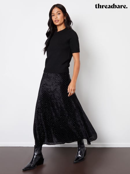 Threadbare Embellished Black Glitter Maxi Velvet Slip Skirt (AN1348) | € 37