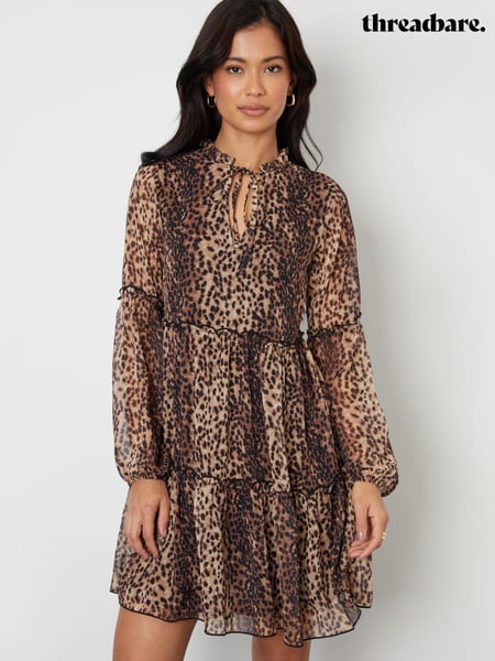 Threadbare Brown Leopard Print Tiered Chiffon Mini Dress (AN1352) | € 28