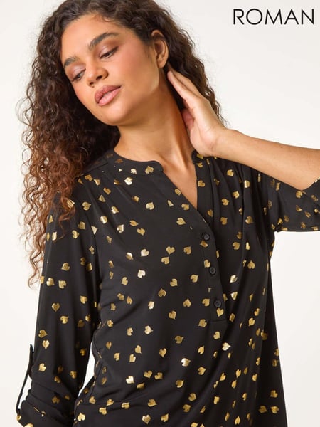 Roman Metallic Foil Heart Placket Stretch Top (AN1431) | € 62